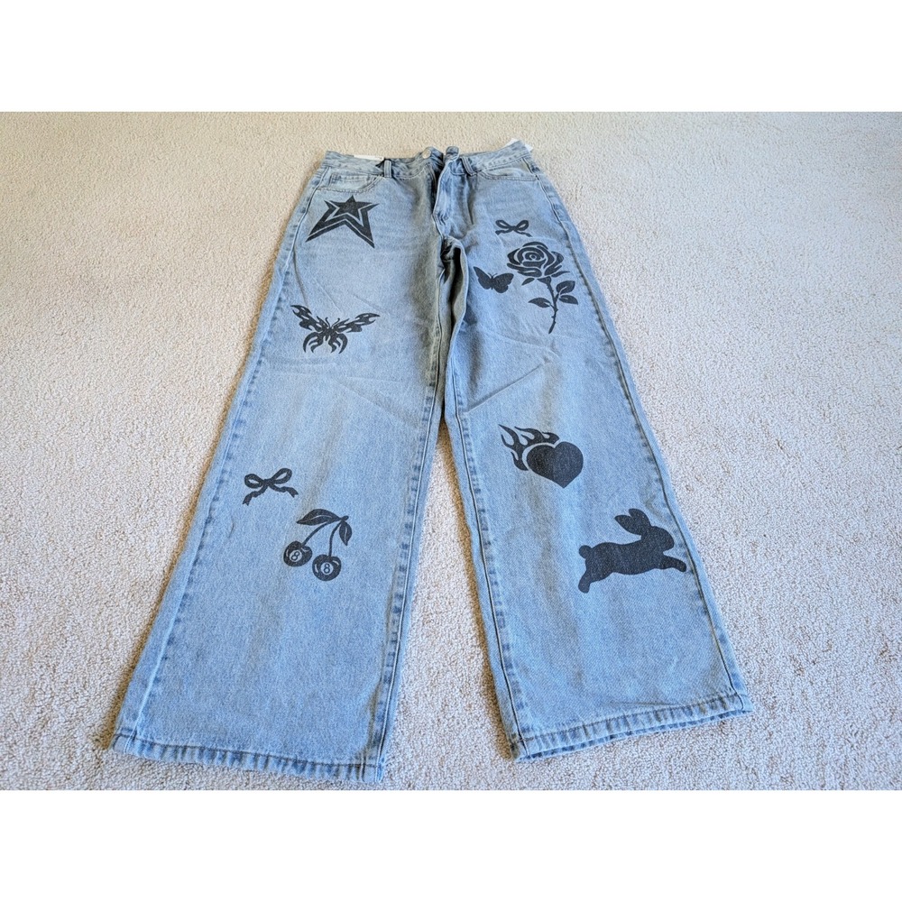 Womens Forever 21 Goth Punk Print Baggy Denim Jeans NWT Size 28